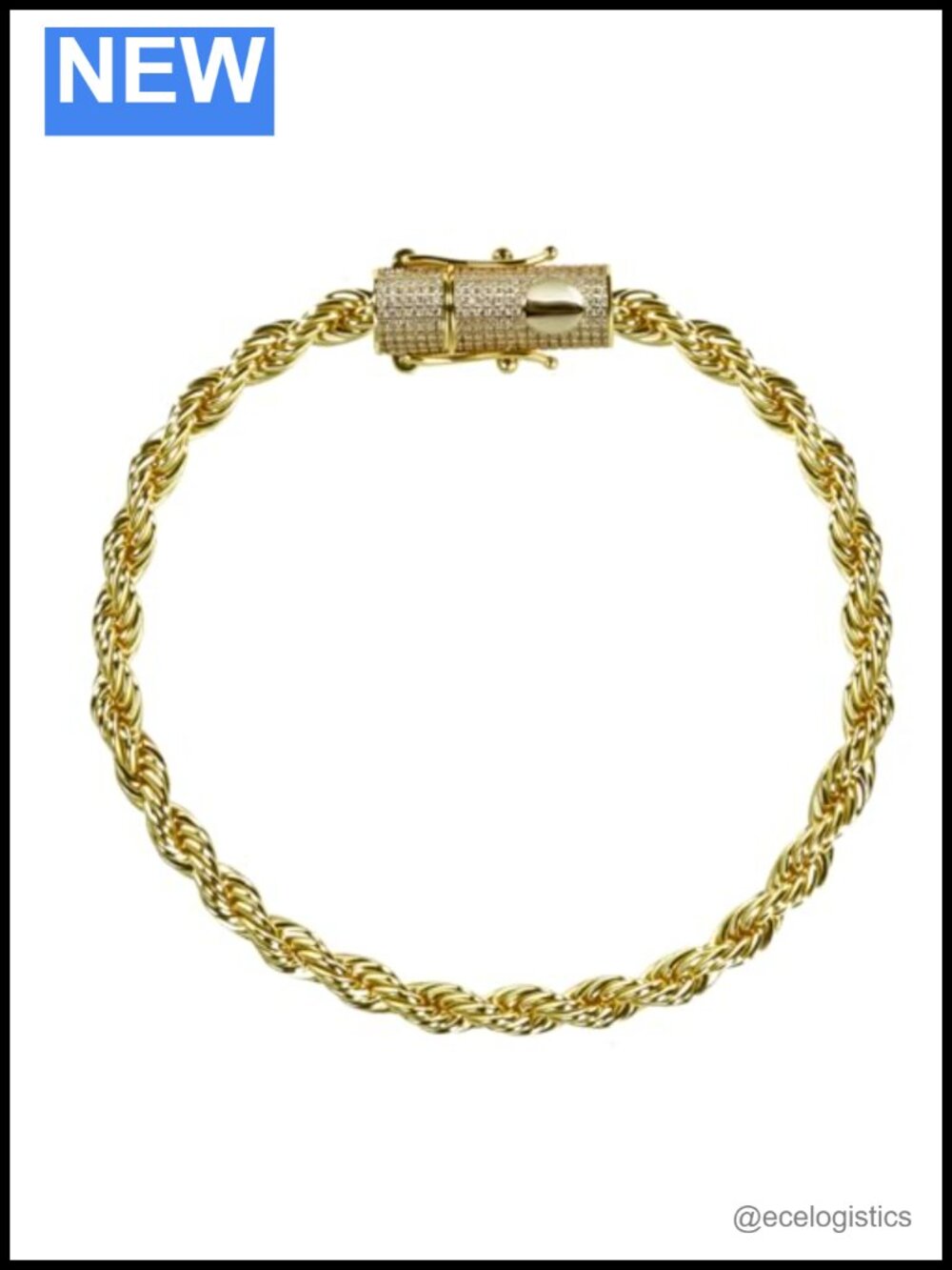 14k Gold Plated Stainless Steel Rope Chain Bracelet Simulated Diamond Clasp